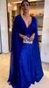 Vestidos de noite de lantejoulas azul real Decote em V Chiffon Manga Capa Roupa formal Vestidos de festa plissados até o chão para mulheres