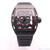 Super reloj de pulsera BOYUHENG Baterry 43MM Black Skull Skeleton Dial Two Red Hands Relojes para hombre Caja Tonneau Cuarzo transparente Moveme265u