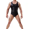 Mens Sexy Bodysuit Imitation Leather One Piece Jumpsuits Shapers Mens Wrestling Singlet Body Shaper Bodybuilding Body Suits Size M261D