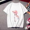 新しい夏のTシャツメンズアンドレディースラウンドネックルーズフラミンゴパターンホワイト半袖Tシャツトップ