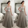 2017 Elegant Silver Gray Evening Dresses Off Shoulder Cap Sleeves Crystal Beaded Tulle Puffy Saudi Arabic Formal Evening Gowns Pro205p