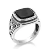 925 Sterling Silver Men Ring avec Suqare Naturel Noir Pierre Sculpté Conception Thai Bague En Argent pour Femmes Hommes Turc Jewelry253E