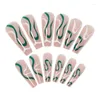 False Nails Green Wave Long Coffin Fake 24pcs Ballerina With Pattern Glue On Shiny Nail Tips For Women And