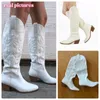 Boots Women's White Embroidery Knee High Western Cowboy Boots Point Toe Comfy Walking Cowgirl Shoes 230719