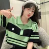 Damespolo's Esthetisch polo-breiontwerp Gestreept harajuku zomer-t-shirt korte mouw losse casual chique blouse Koreaanse mode