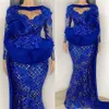 2021 Plus Size Árabe Aso Ebi Azul Sereia Vestidos de Baile Luxuosos Renda Mangas Compridas Noite Formal Festa Segunda Recepção Vestidos Dr264T