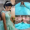 Jolies robes de quinceanera bleu aqua robe de bal pure cou appliques robe de bal perlée dos ouvert tulle doux 16 robes robe223x