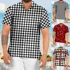 Men's Casual Shirts 100D Four Sided Check Short Sleeve Turn-Down Collar Button Blouse Male Beach Plaid Print Slim Cardigan