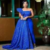Luxury Royal Blue African Evening Dress With Pant Elegant Dubai Arabic Formal Prom Dresses Train Overskirt One ShoulderVestidos De2836