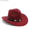 Ball Caps Vintage Wool Children's West Side Boys Cowboy Hat Wide Brim Cowboy Girls Jazz Hat z skórzanym toca sombrero kapelusz 54cm Z230720