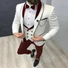 Men's Suit Fashion Formal Business Slim Fit 3-Pieces White Blazers Burgundy Pant Tuxedo Wedding Men Suits Groom &211Q