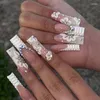 Uñas postizas 24 uds, bailarina usable, falsa con pegamento, diamantes de imitación azules, ataúd cuadrado, puntas de uñas a la moda para mujer