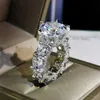 Cocktail Sparkling Luxury Jewelry 925 Sterling Silver Large Round Cut White Topaz CZ Diamond Promise Women Wedding Band Ring273v