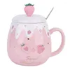 Mokken Japanse Stijl Keramische Leuke Aardbei Koffie Mok Met Deksels En Lepel Creatieve Porselein Ontbijt Melk Havermout Cup Drinkware