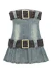 Grundläggande avslappnade klänningar Houzhou Vintage Dress Y2K 2000s Corest Denim Dress with Belt Pleated Mini Short Jean Blue Gown Tie Summer Women 230719