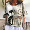 Moda kadın tişört 3d kawaii kedi baskı tees üstleri yeni harujuku hayvan kısa kol tişört büyük boy gevşek kadın giysileri