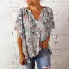 Blusas femininas estampa floral com decote em V t-shirt elegante design plissado solto ajuste verão top para mulheres streetwear moda