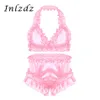 Mens Sissy Crossdresser Lingerie Suit Satin Frilly Ruffled Lingerie Set Bra Tops avec Culotte Bloomers Briefs Gay Underwear Set267w