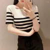 Suéteres femininos F MENINAS 2023 Verão Simples Stripe Jumper Japão Backless Gravata Borboleta Malha Top Cor Sólida Ajuste Justo Meia Manga Todos Combinados