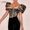 Camicetta da donna nera floreale ricamata Camicette da festa eleganti con maniche a sbuffo Top Corsetto bustier sexy