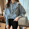 Chemisiers pour femmes Sweet Ruffles Denim Blouse Femmes Mode Coréenne Polo Col Jeans Chemises Lâche Printemps Tops Manches Longues Chic Bleu Blusas