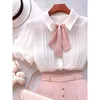 Women's Tracksuits Elegant Women 2 Pieces Sets Office Lady Casual White Shirts Blouse Fashion Pink Short Pants High Quality Outfits 2023