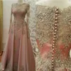 2021 Blush Pink Prom Dresses for Women Wear Jewel Neck Long Sleeves Gold Lace Appliques Crystal Beaded Sexy Formal Evening Party G285G