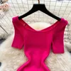 Casual Dresses High Quality Summer Vintage Knit Midi Dress for Women V-Neck Sleeve Tunic midje spets 111812