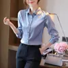 Elegante Büro Damen Arbeit Shirt Frauen Bluse Frühling Herbst Langarm Satin Seide Hemd Weibliche Tops Rosa Blau Gestreift