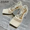 Mesh sexy Eilyken Pompe Sandales Femmes Square Toe Cross Lace Socle