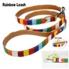 1 piece lot Pet Dog Leash Size S 1 5 120cm M 2 0 120 cm L 2 5 120cm Soft Canvas Cloth Pu Leather Material Rainbow Dog Lead276y