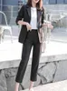 レディースツーピースパンツSyiwidii女性スーツオフィスセット2023韓国ファッションソリッドロングスリーブスリムシックなブレザーハイウエスト足首の長さ