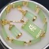 Natural Green Jade 18KWGP Fortune Pendant Necklace Drop Earring Bracelet set2487