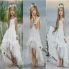 Bohemian High Low Flower Girl Dresses For Beach Wedding Pageant -klänningar En linje Boho Lace Appliced ​​Kids First Holy Communion Dress F274C