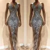 2019 Nigerian Sexy Silver Sequins Beaded Mermaid Formal Prom Dresses Custom Made Sleeveless Sheer Neck Side Split Pageant Party Go313Y