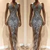 2019 Nigérian Sexy Argent Paillettes Perlées Sirène Formelle Robes De Bal Sur Mesure Sans Manches Sheer Neck Side Split Pageant Party Go313Y