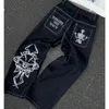 Mäns jeans y2k herrar svart retro skalle demon demon tvättade mens jeans high street försäljning baggy jeans kvinnor hip hop stretch midja svarta byxor 230720