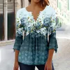 Women's T-Shirt 3D Flower Print V Neck Buttons Blouse Shirt Fashion 3/4 Short Sleeve Casual Elegant T-Shirts Blouses Y2K Women Summer Clothing 230721