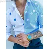 Mäns casual skjortor 2021 Autumn Men Blue Striped Polka Dot Slim Long Sleeved Casual Shirts European American Lapel Button Dress Shirt Man Blus L230721