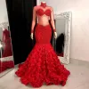 Afrikaanse diamant zeemeermin galajurken hooggesloten kristal lange mouw plus size 3D roos gelijkmatige jurk elegante formele feestjurk met pailletten zwarte meisjes avond prom wear