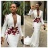 Weiße Meerjungfrau Sexy 2019 Afrikanische Abendkleider High Neck Long Sleeves Applikationen Prom Kleider Tiefem V-ausschnitt Formale Party Gown212J