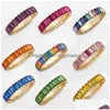 Band ringer Nytt guldfyllt flue-jewelled Rainbow Colorf MTI Colorcubic Zirconia Eternity Square Baguette Finger Ring 12 Colors Drop D DH3FZ