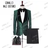 Men Suits With Pants 2019 Italian Tuxedo Slim Velvet Lapel Green Leaves Formal Groom Wedding Prom Party Suits Man Blazer237z