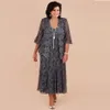 Plus Size Grau Spitze Mutter der Braut Kleider Mit Jacke Tee Länge Hochzeit Party Kleid Formale vestido de renda Nach Maß 239c