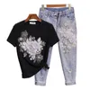 Frauen Zwei Stück Hosen Sommer Mode Frauen Stickerei 3D Blume T-shirts Jeans Stücke Set Casual Loch Denim Anzug N7YE