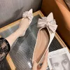 Dress Shoes Champagne Gold Silk Ballerina Shoes Women Dress Flats Pointed Toe Loafers Crystal Bow Ballets OL Shallow Slip On Moccasins Mujer L230721