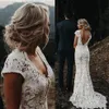 Country Mermaid Trouwjurken met Dechable Train Vintage Full Lace Boho Bruidsjurken Diepe V-hals Open Rug Vestidos Korte Sleev270v