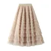 Skirts jupe femme ete 2023 Spring Party Skirt Elastic High Waist Long Tulle Women Multilayer ruffles Pink Mesh Tutu Ladies p230720