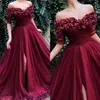 2020 Nuovi abiti da ballo sexy Borgogna Fiori fatti a mano 1/2 maniche Backless Tulle Plus Size Split Sweep Train Party Dress Evening Go313O