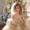 Champagne robe de bal filles Pageant robes manches longues perles dentelle appliques princesse tulle gonflé enfants fleur filles robes d'anniversaire2630